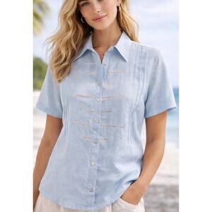 Irish Linen *NEW* Blue Short Sleeve Shirt Sz L Shell Buttons Ladder Stitch Vacay